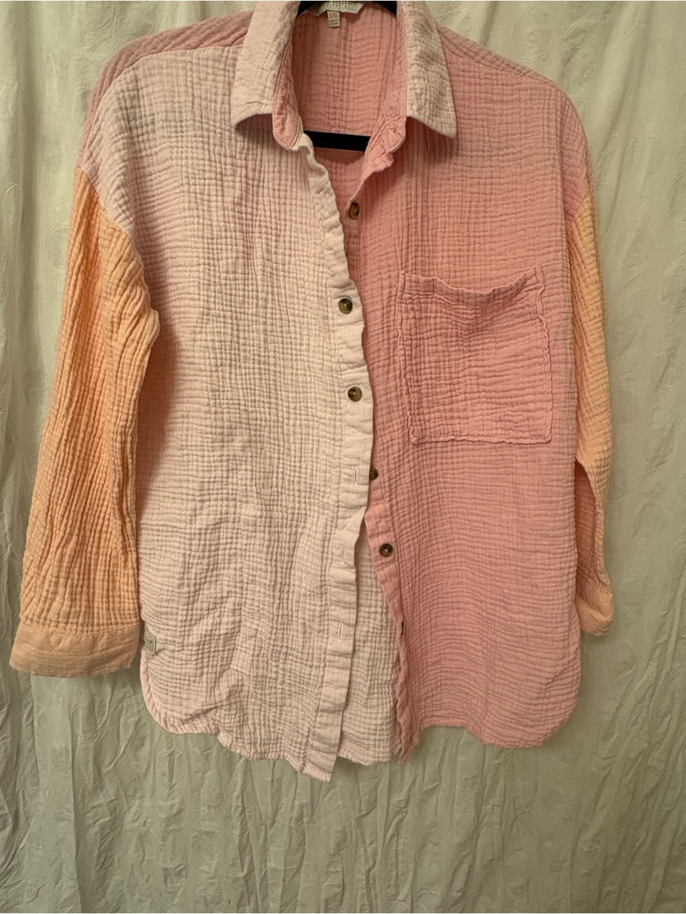 Simply southern pink and peach color block, waffle knit, button-down shirt. S/M.
